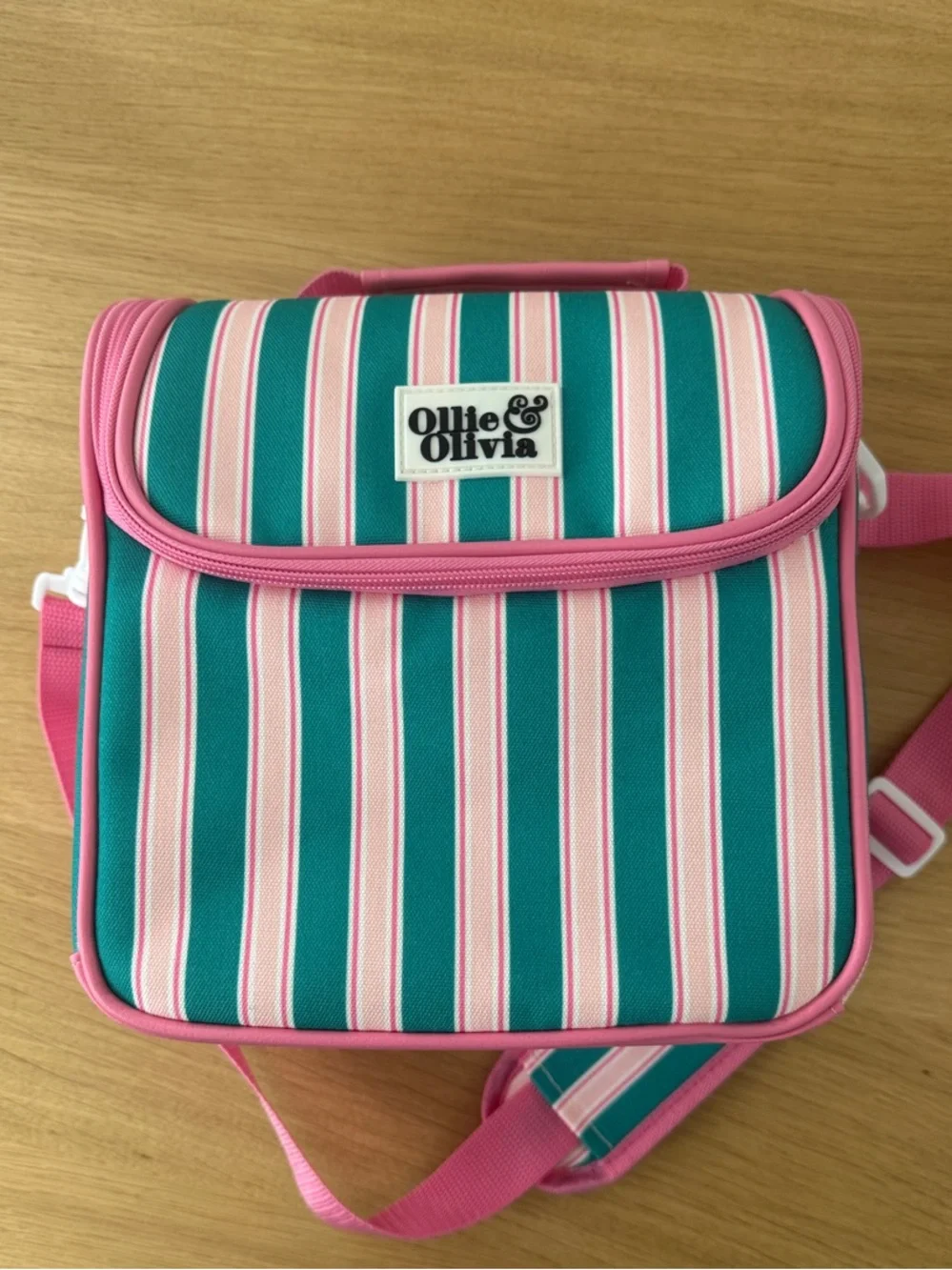 Ollie & Olivia Striped Pink Teal Lunch Cooler Crossbody Bag